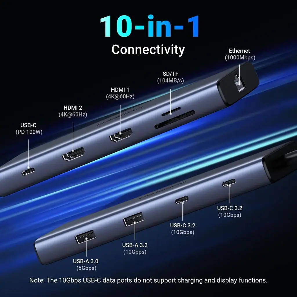 Док-станція USB3.2 Type-C --> HDMIx2, 60Hz/2xUSB-A/2xUSB-C 3.2/ RJ45/SD/TF/PD 100W CM639 Ugreen - фото 3