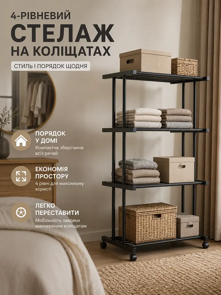 Підлоговий стелаж на коліщатках із 4 металевими полицями для гардеробної, спальні, передпокою та офісу, темно-сірий (49676312) - фото 2