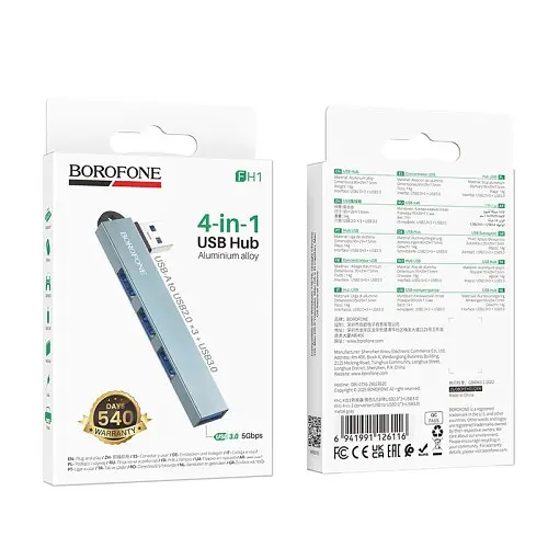 USB HUB BOROFONE FH1 4-in-1 converter(USB to USB2.0x3+USB3.0) металевий сірий - фото 2