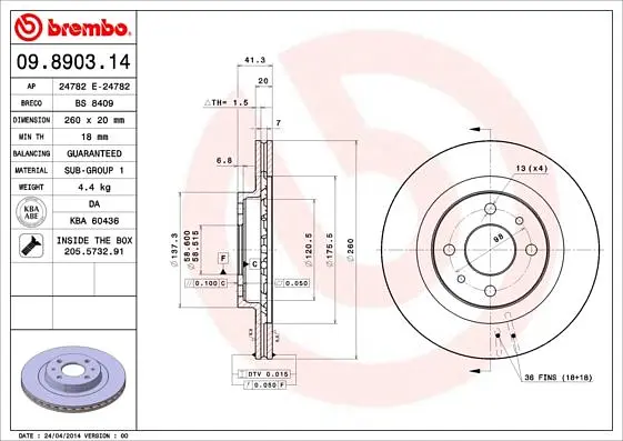 Диск тормозной передний вентилируемый Ваз Kalina II, 110, Granta 95-25г Brembo ( 09.8903.14 ) - фото 2