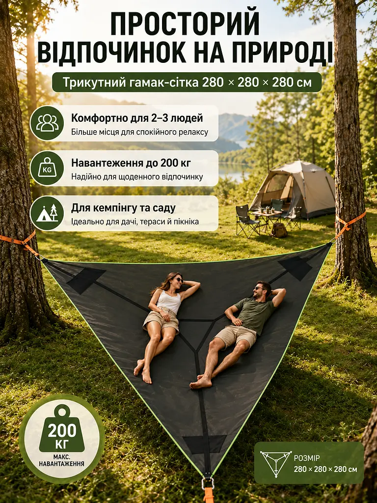 Трикутний гамак-сітка підвісний 280x280x280 см до 200 кг, чорний (49675900) - фото 2