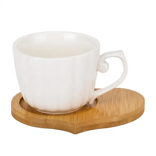 Набір чашок Elisey Тандем з бамбуковою підставкою 25 см (9184-003) білий з коричневим   - фото 2