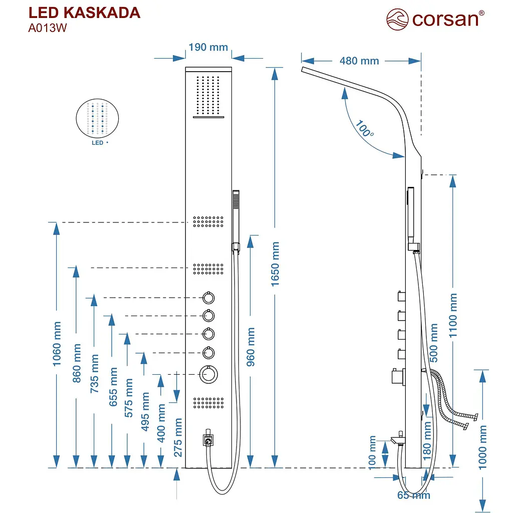 Душова панель Corsan Kaskada silver LED з виливом та термостатом A014MSLLEDW, Сірий - фото 5