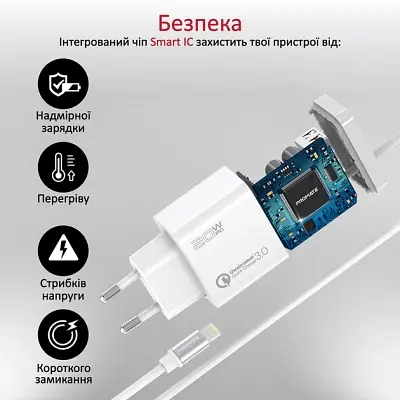 Зарядний пристрій Promate 20 Вт PD Lightning + USB QC 3.0 (icharge-pdqc3.white) - фото 8
