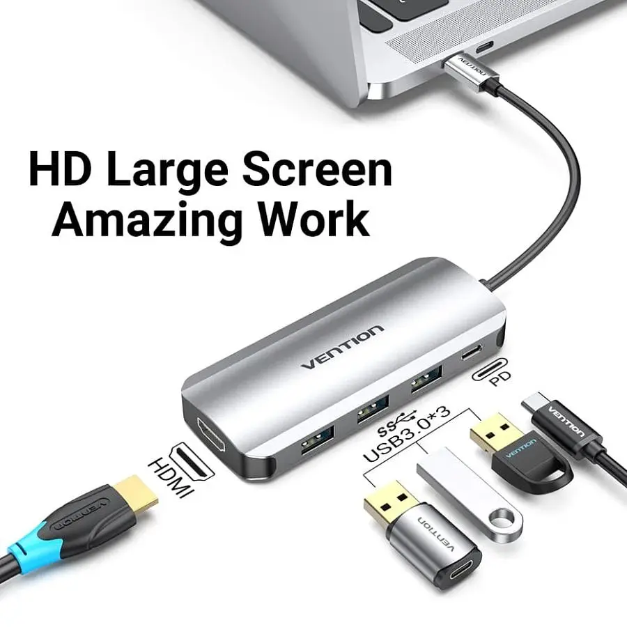 Док-станція USB3.1 Type-C - HDM/USB 3.0х3//PD 100W 5-in-1 Vention (THFHB) - фото 6
