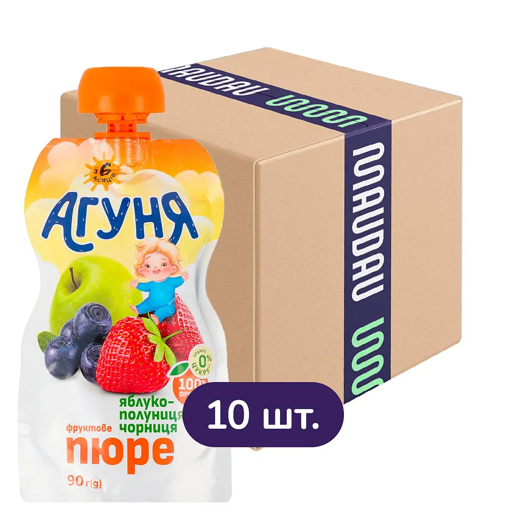 Упаковка фруктового пюре Агуня Яблуко-полуниця-чорниця 900 г (90 г x 10 шт.) - фото 1