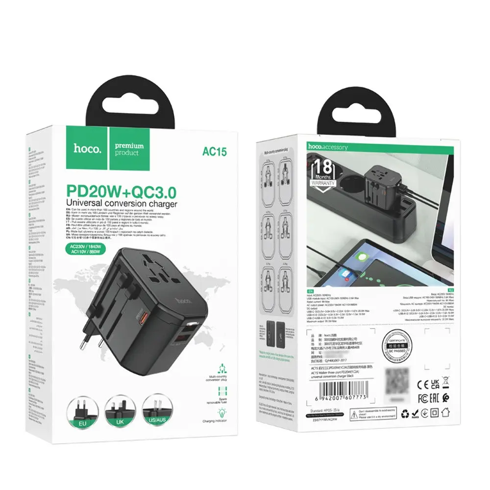 Зарядний пристрій Hoco AC15 2 USB/ Type-C 20W чорний - фото 9
