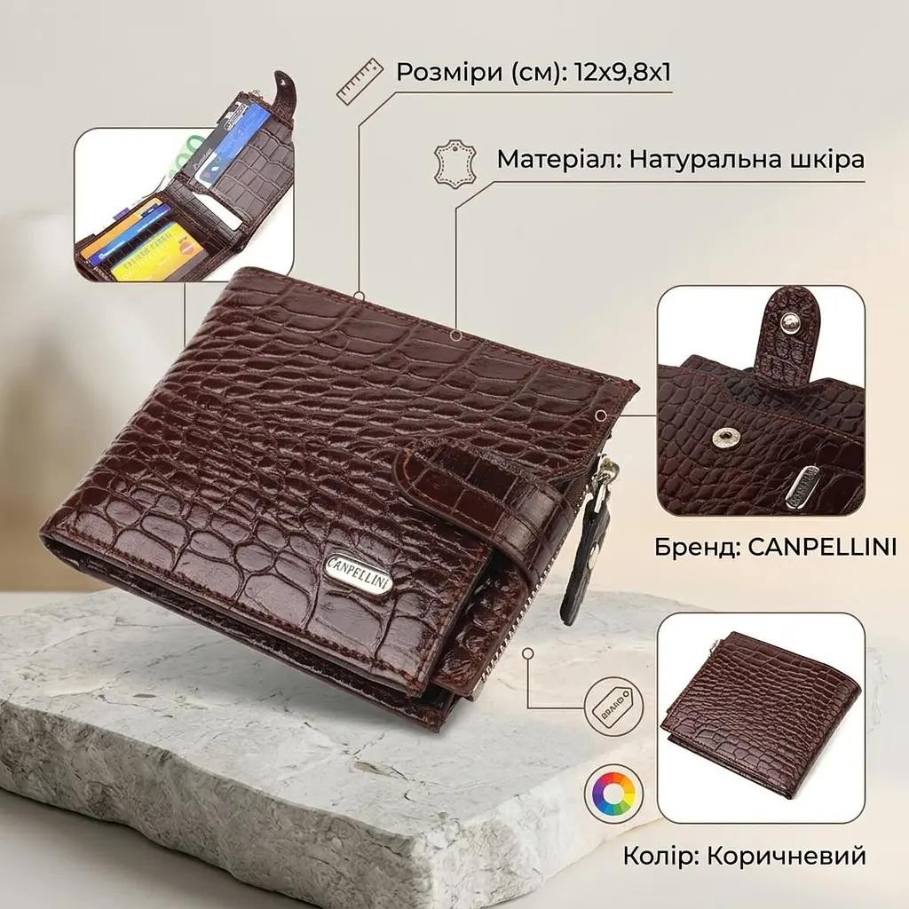 Горизонтальний чоловічий гаманець із натуральної фактурної шкіри Canpellini 21503 коричневий - фото 3