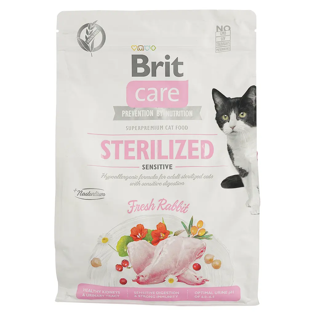 Сухой корм для стерилизованных котов с чувствительным пищеварением Brit Care Cat GF Sterilized Sensitive со свежим кроликом 2 кг - фото 2