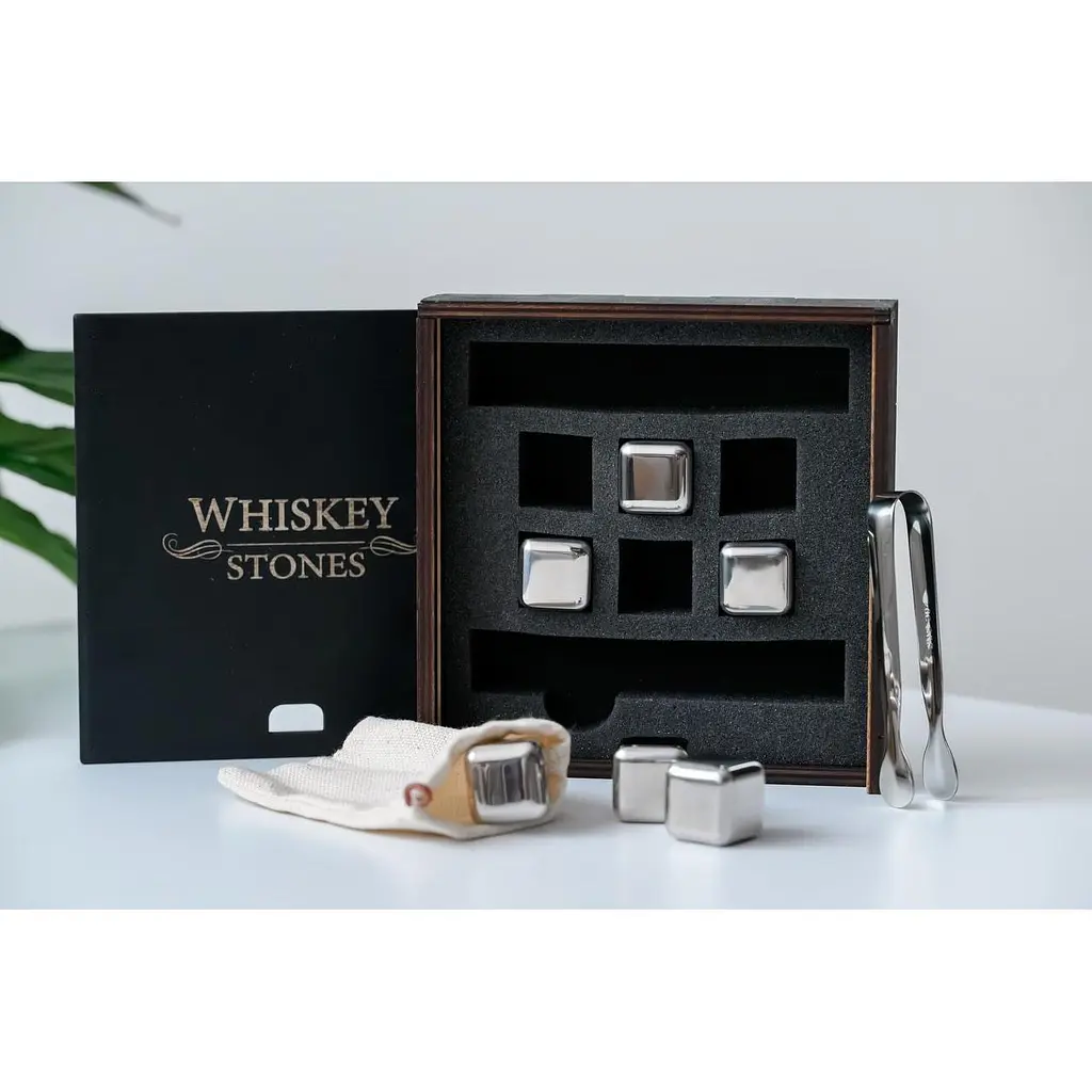 Сталеві кубики для віскі Whiskey Stones у дерев'яній коробці - 6 кубиків для охолодження віскі - фото 4