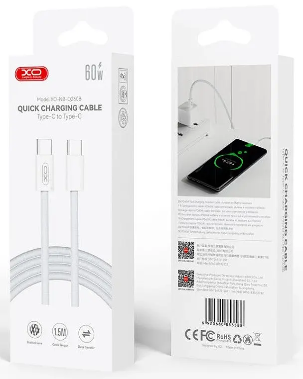 USB Кабель XO NB-Q260B Type-C-Type-C Braided 60W 5A 1.5m Білий - фото 3