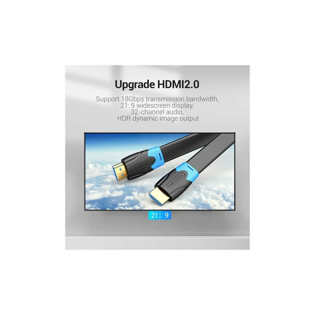 Кабель мультимедійний HDMI M to HDMI M 8.0m V2.0 4K60Hz PVC flat black Vention (AAKBK) - фото 4