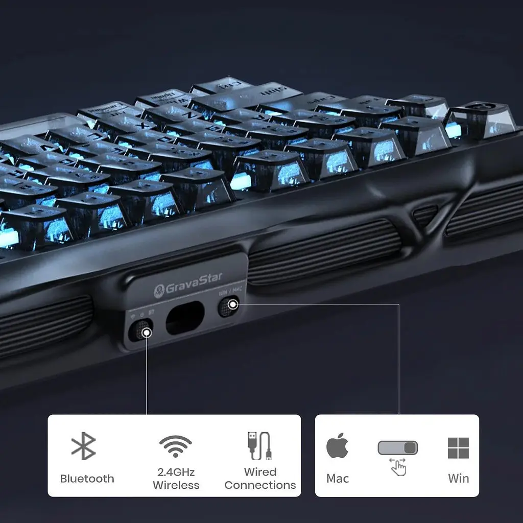 Клавіатура GravaStar Mercury K1 80 keys Kailh Cherry Pink EN BT/WL/USB Stealth Black (GSK1_XTAL_BLK) - фото 2