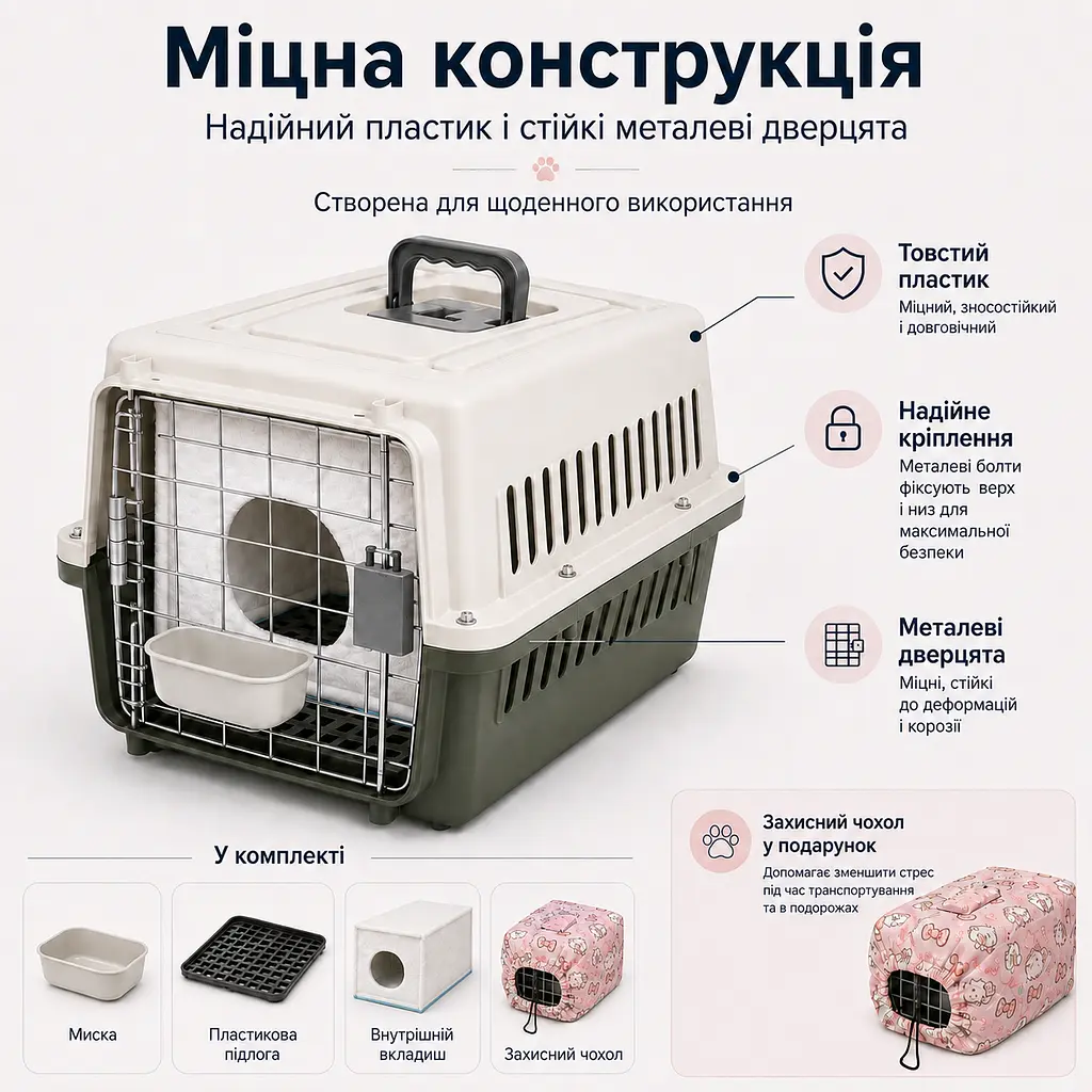 Переноска для котів та собак до 12 кг 48×32×30 з комплектом (підвісна миска та внутрішній та зовнішній вкладишем) KT8002020 - фото 2