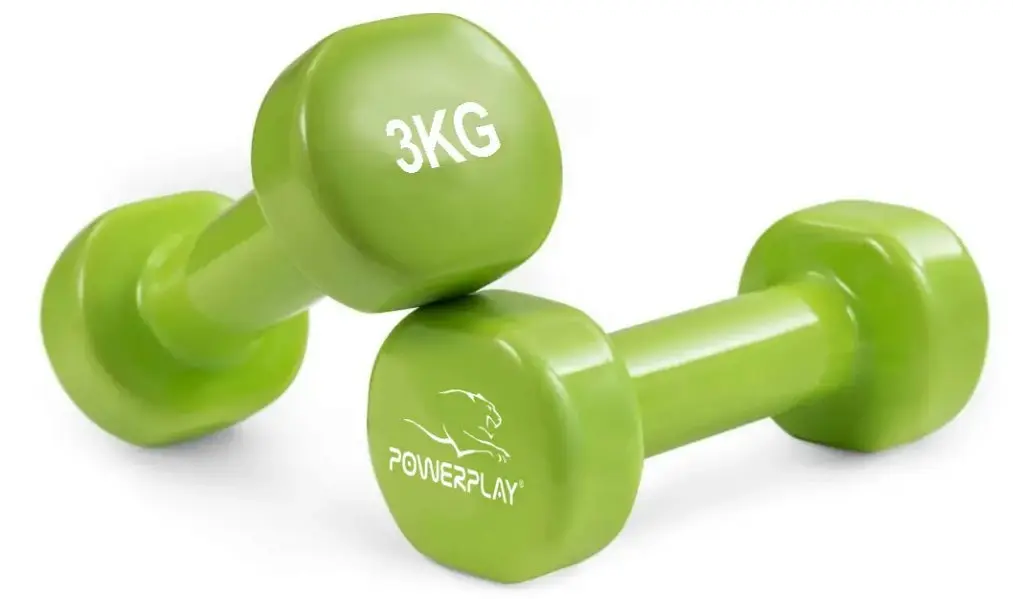 Гантели виниловые PowerPlay 4125 Achilles 2*3 кг Зеленые 2 шт + Резинка для фитнеса 7,5 кг (PP_4125_3kg_2in) - фото 2