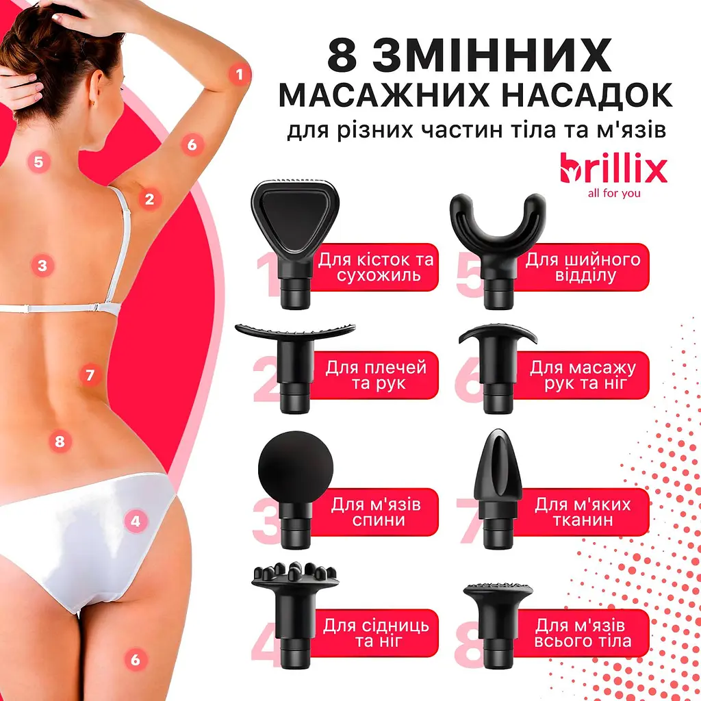 Портативний ручний масажер для тіла масажний пістолет Brillix - фото 3