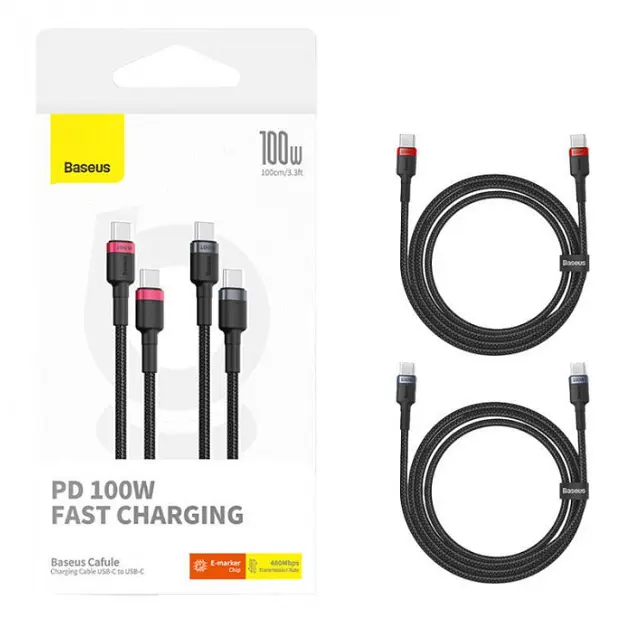 Кабель Baseus Cafule Series Cable Type-C to Type-C 100W 2m 2pcs P10318306003-01 Red Black+Grey Black - фото 7