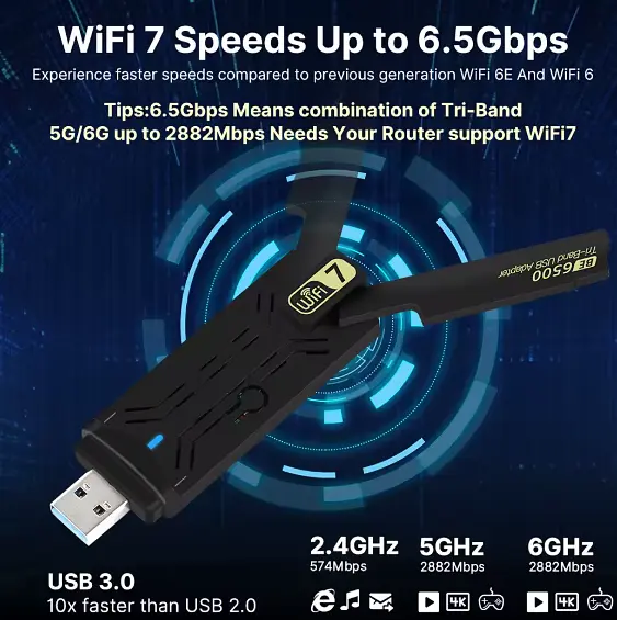 Мережевий адаптер Wi-Fi 7 USB FENVI FU-BE6500 трьохдіапазонний бездротовий mu-mimo Black (19123) - фото 5