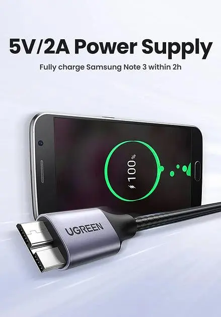 Кабель Ugreen 1м USB 3.0 - Micro USB Type-B 5 Гбіт/с 5V/3A USB 3.0 A на Micro-B для жорских дисків чорний (80793) - фото 3