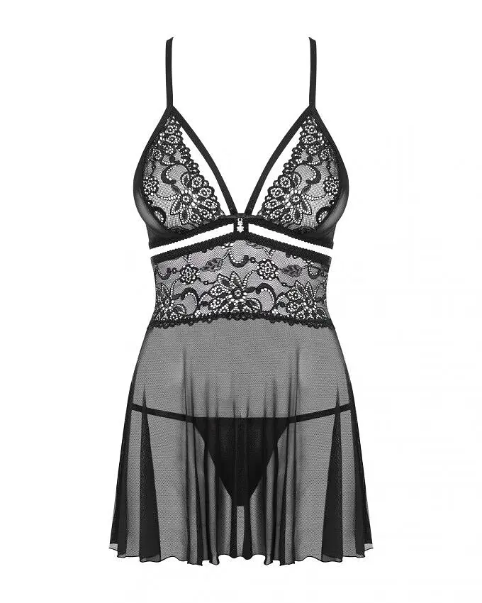 Еротичний мереживний комплект із сіточкою Obsessive 838-BAB-1 babydoll & thong black L/XL, чорний, п - фото 6