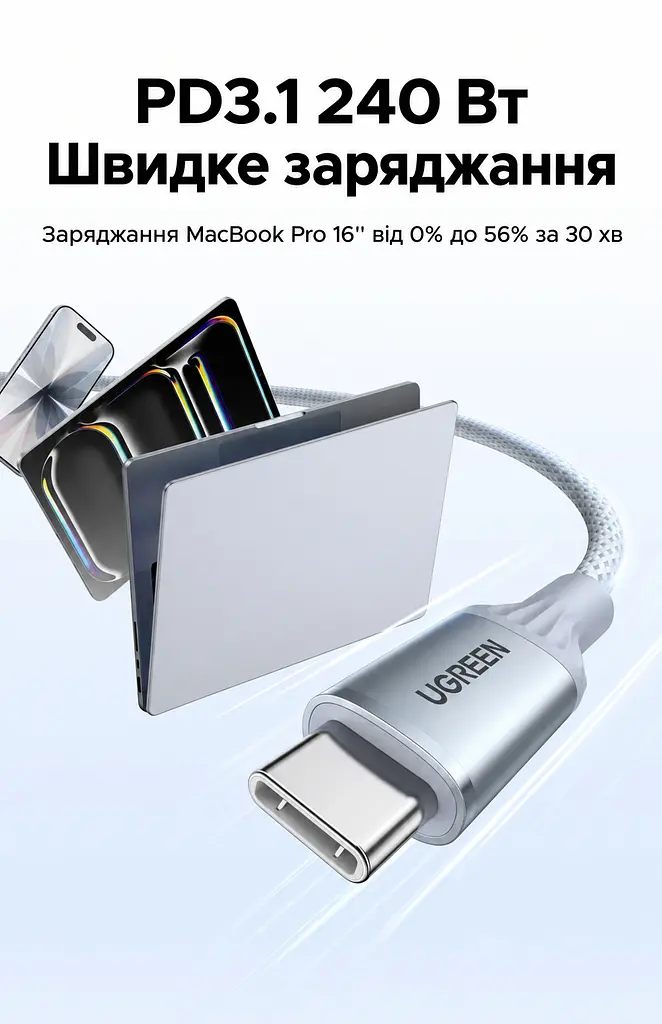 Кабель UGREEN L534 USB-C - USB-C PD 3.1 240 Вт 1 м зоряний блакитний (75731) - фото 7