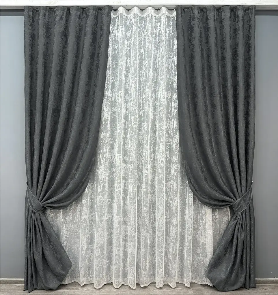Комплект штор з тюлем VR-Textil Жакард Мармур, графітовий з білим, 2 штори 100×270 см + тюль 300×270 см, арт. 71-003/1