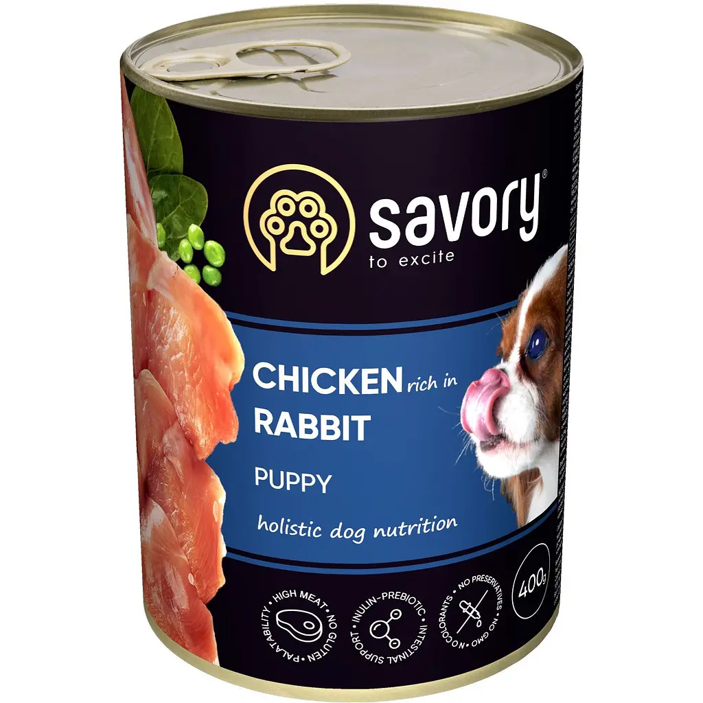 Корм влажный для щенков всех пород Savory Dog All breeds Puppy Chicken rich in Rabbit паштет с кроликом набор 5+1, 400 г - фото 3