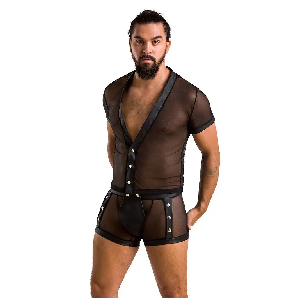 Комплект сітчастої чоловічої білизни Passion 052 SET MICHAEL L/XL black, сорочка, боксери, заклепки - фото 3