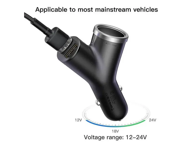 Автомобільний зарядний пристрій BASEUS Y type dual USB+cigarette lighter extended car charger 3.1 A Black (CCALL-YX01) - фото 4