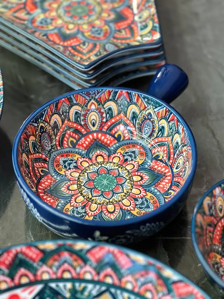 Салатник кераміка з ручкою 20.5x15.5x6 см 500 мл Мальований чорний - фото 2