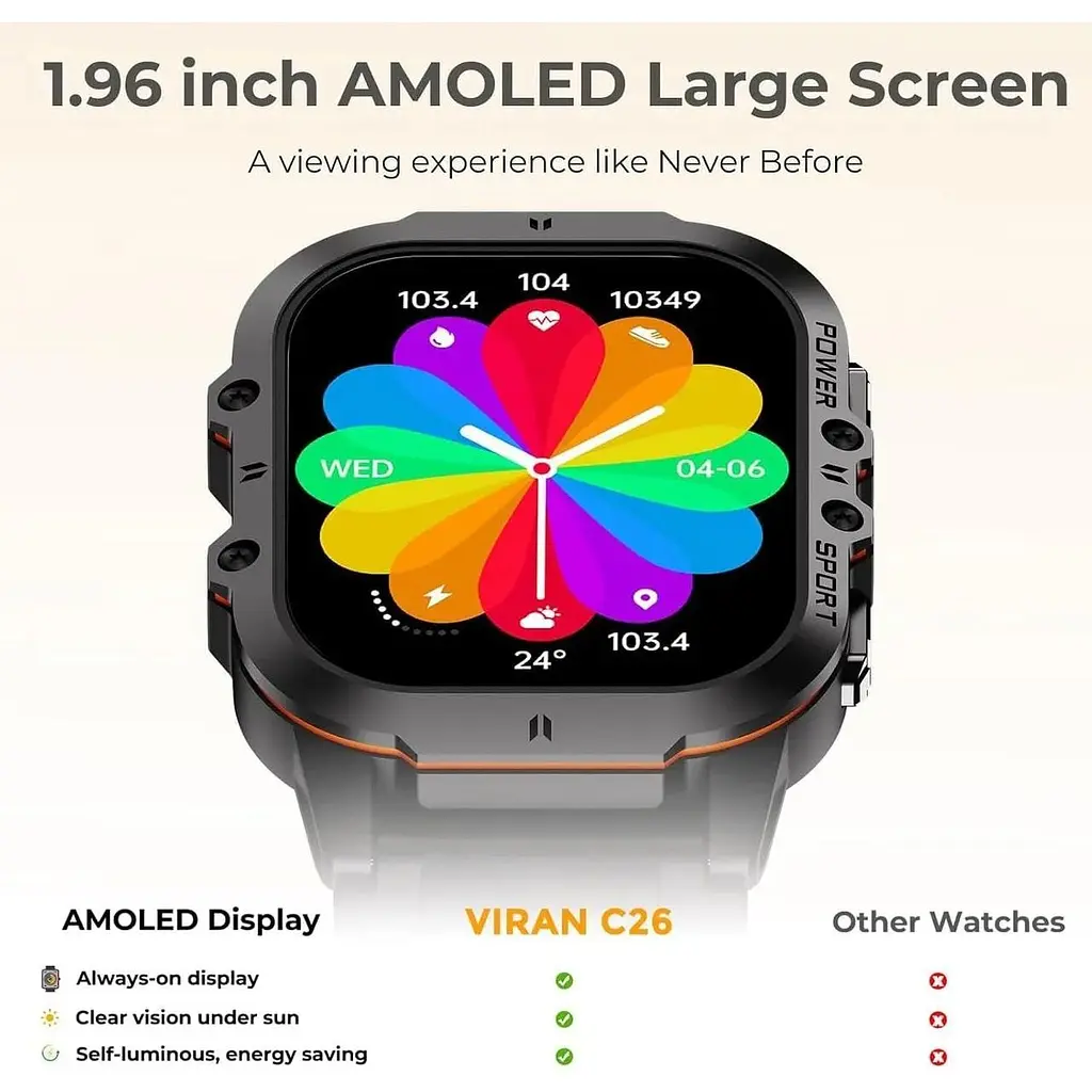 Розумний годинник Viran для чоловіків 1.96 дюйма AMOLED Fitness Tracker Smartwatch - фото 4