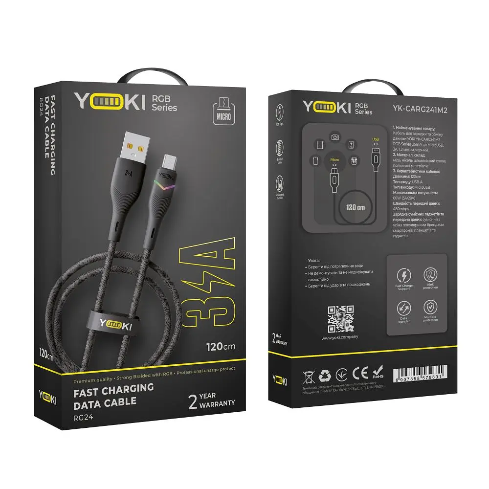 Кабель для заряджання та обміну даними USB Yoki YK-RG24 RGB Series USB/MicroUSB 60W 3A/20V 1.2 м Чорний - фото 2