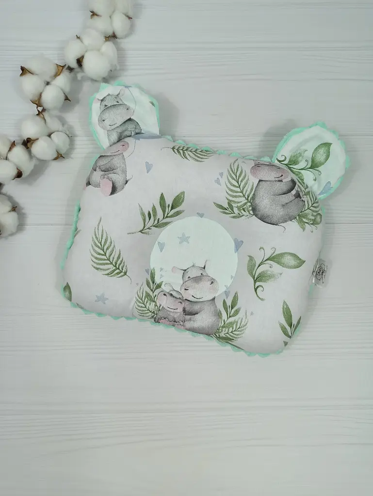 Дитяча ортопедична подушка 24×32 для новонароджених a.l.babybox Бегемотики М'ятний