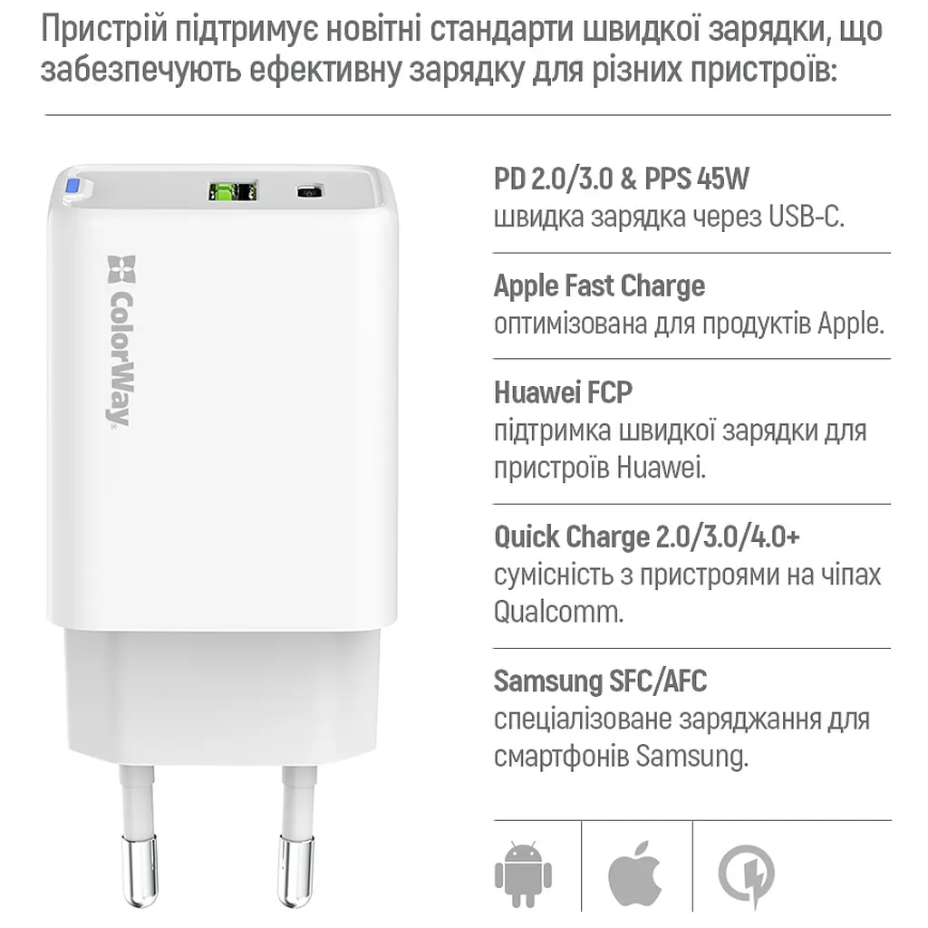 Зарядний пристрій ColorWay C101E GaN Mini 45 Вт PD PPS USB-C + USB-A QC 4.0 білий (CW-CHS060PD-WT) - фото 10
