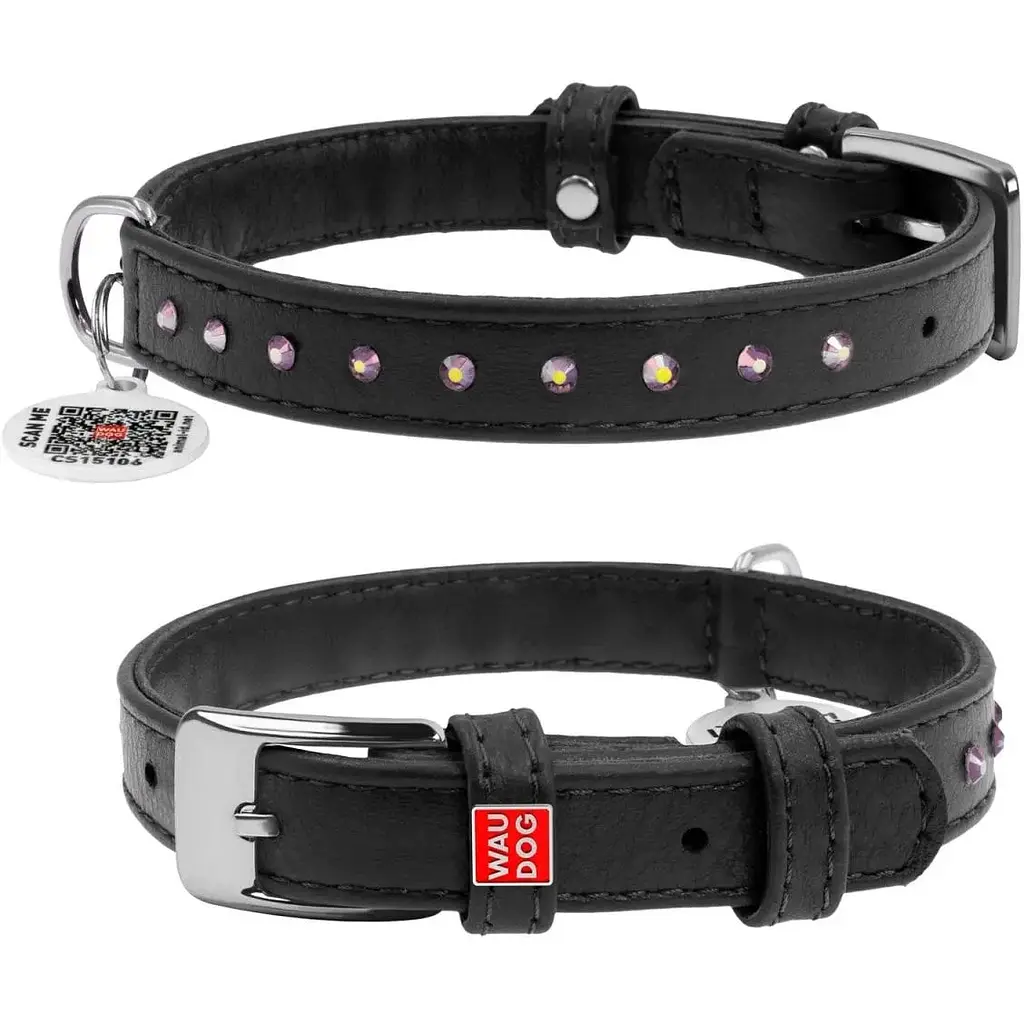 Ошейник для собак Waudog Glamour, кожаный, со стразами, с QR паспортом, S, 21-29х1,2 см, черный - фото 3