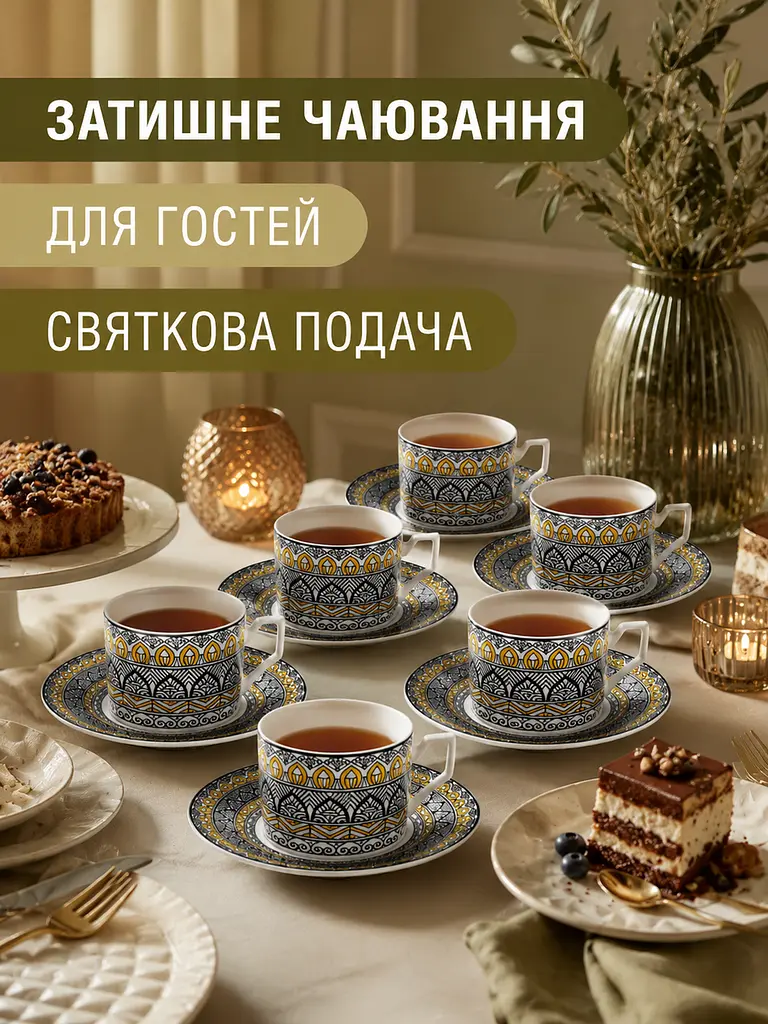 Чайний сервіз фарфоровий на 6 персон 12 предметів, чашки 220 мл, блюдця Ø14 см (49676223) - фото 7