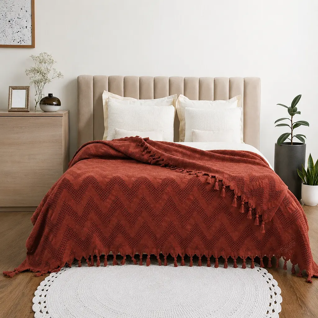 Покривало-плед з бахромою 200х230 Зиг-заг теракот LoveYouHome - фото 2