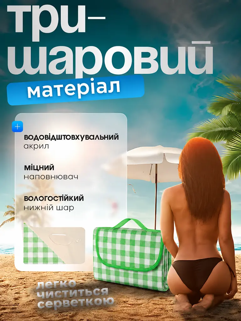 Водостійкий універсальний килимок для пляжу і пікніка, зі збільшеною підстилкою 200x200 см, Зелений у клітинку (1659146543) - фото 6
