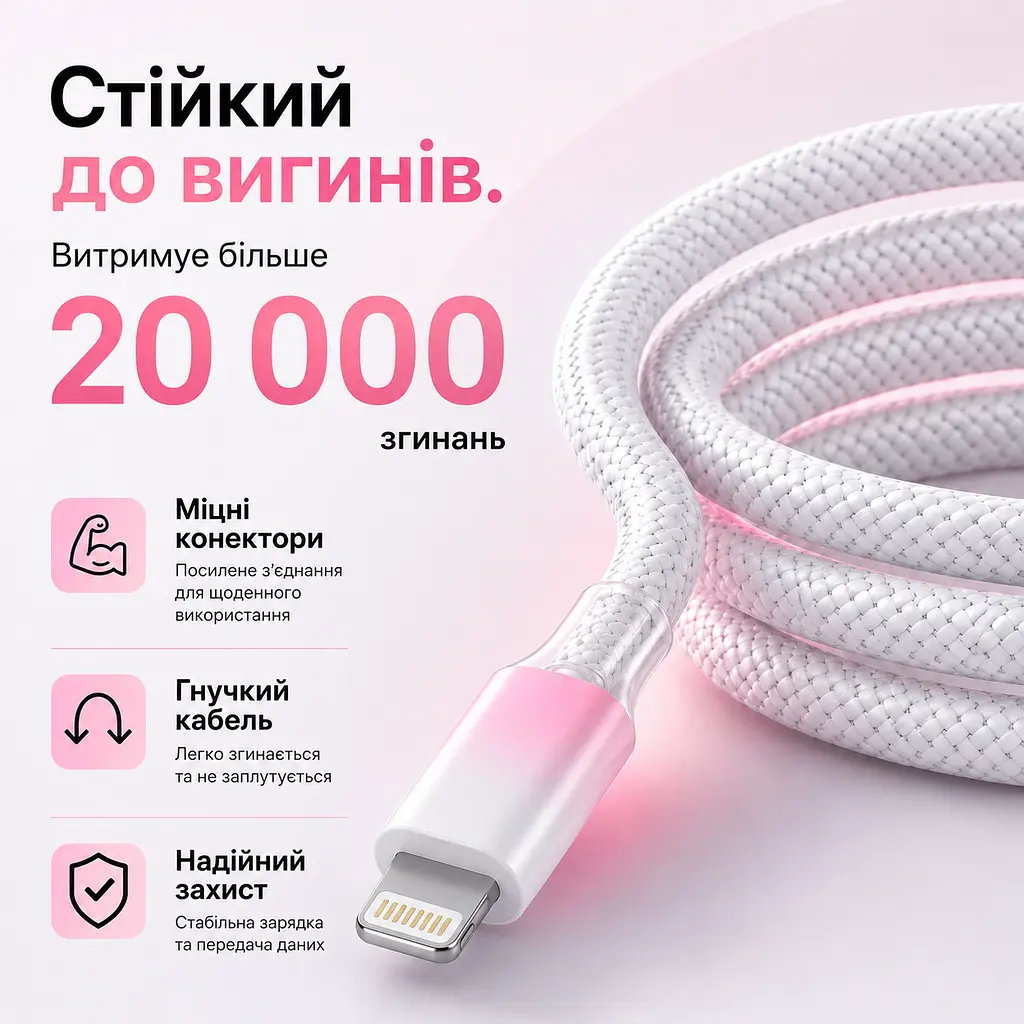 Кабель XON SmartCable Type-C - Lightning PD 20W 1м UniLink (SU80CL2W1W 4845) Рожевий/Білий - фото 6