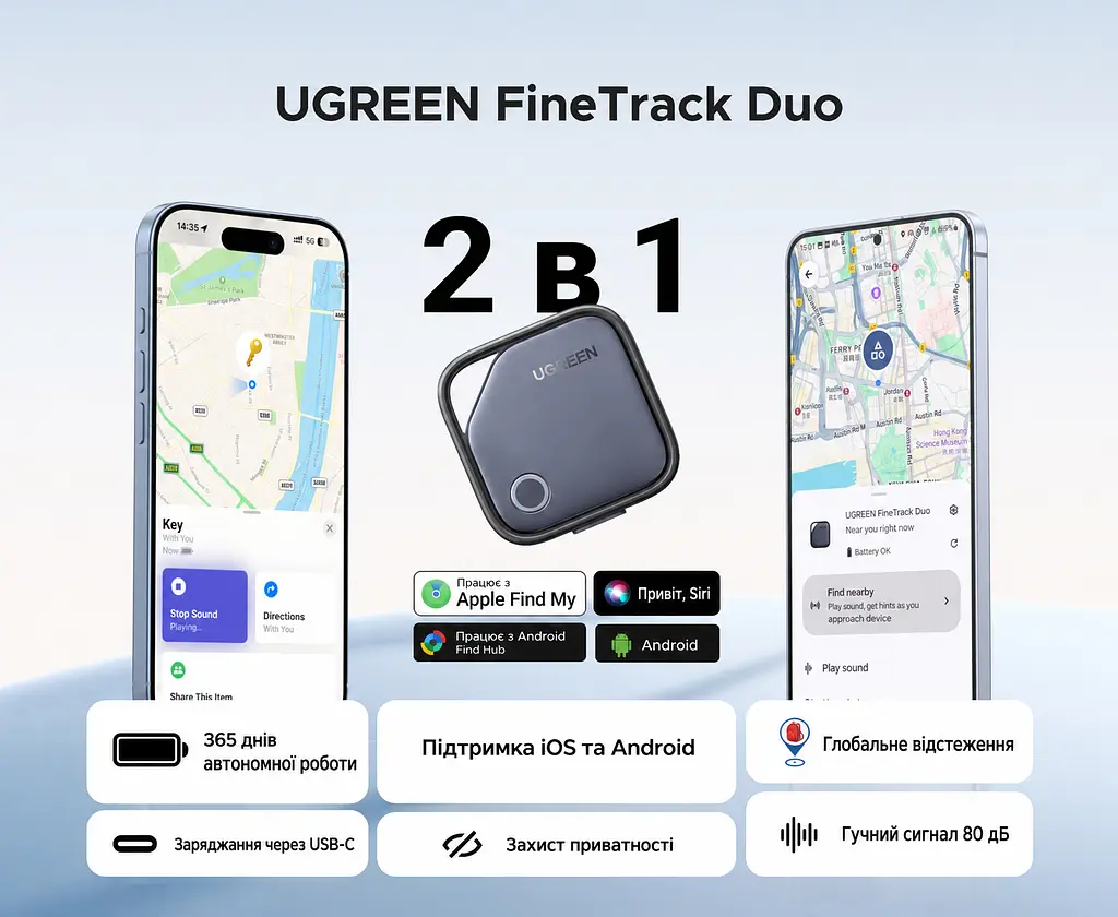 Bluetooth-трекери для пошуку речей UGREEN Finder Pro CM916 2 шт. AirTag пошукові мітки Apple Find My або Android Find Hub з перезаряджанням через USB-C зі звуковим пошуком зі сповіщеннями про залишені речі зі спільним доступом до місцезнаходження автономність до 365 днів синьо-сірі з чорною окантовкою (75646A) - фото 12