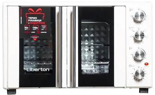 Електродуховка Liberton LEO-500 White, 1700W, 50л, подвійні розпашні дверцята, 6 режімів нагріву, конвекція, підсвітка, 70-250 °C, механічне керування, таймер, рожен, решітка, деко, лоток для крихт та жиру, тримач для дека, ТЕРМОРУКАВИЦЯ У ПОДАРУНОК - фото 3