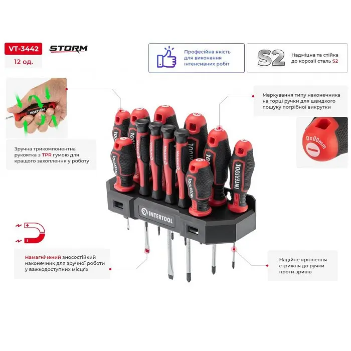 Набор отверток с намагниченным наконечником 12 единиц STORM INTERTOOL VT-3442 - фото 9