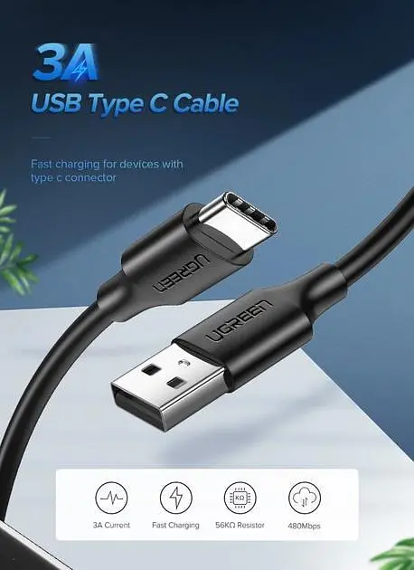 Кабель зарядный Ugreen US287 Type-C 3A 0.25М Black (60114) - фото 2