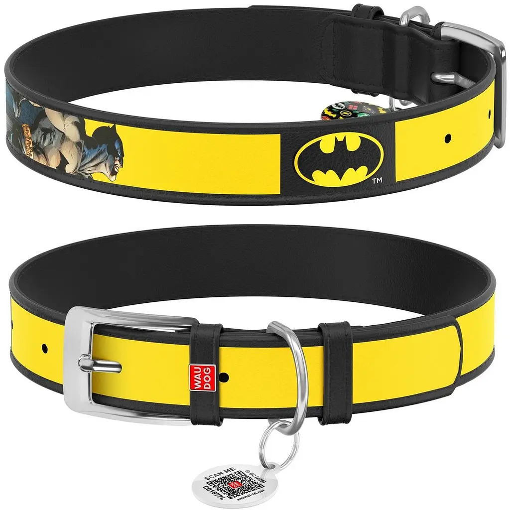 Ошейник для собак Waudog Design Бэтмен 2, кожаный, с QR паспортом, 44-58х3,5 см, черный - фото 3