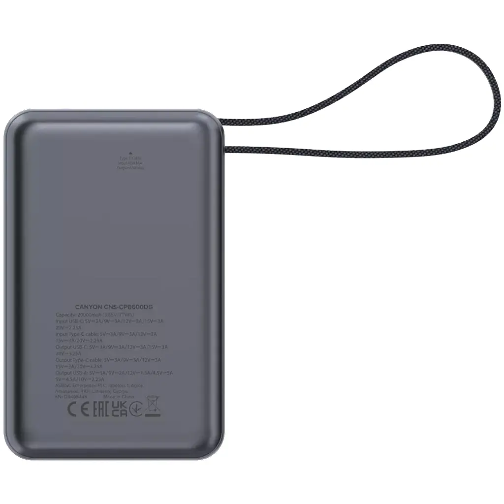 Батарея універсальна Canyon 20000mAh OnPower 600 PD/65W built-in cable Dark Grey (CNS-CPB600DG) - фото 5