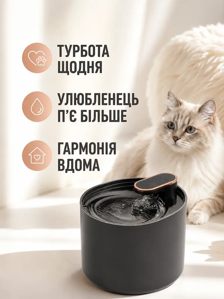 Автоматична поїлка для тварин 3 л фонтан USB з фільтром чорний (49676060) - фото 8