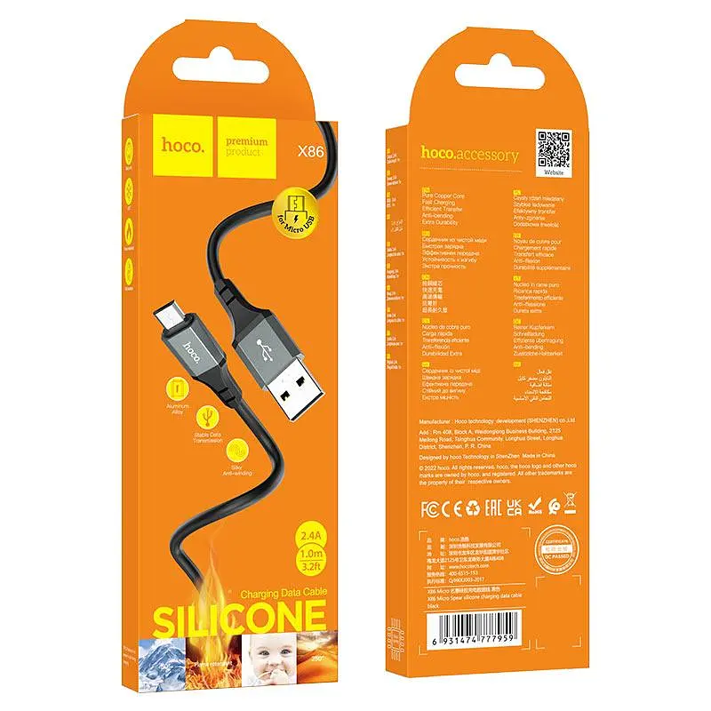 Кабель Hoco X86 Micro Spear silicone charging data cable Чорний - фото 2