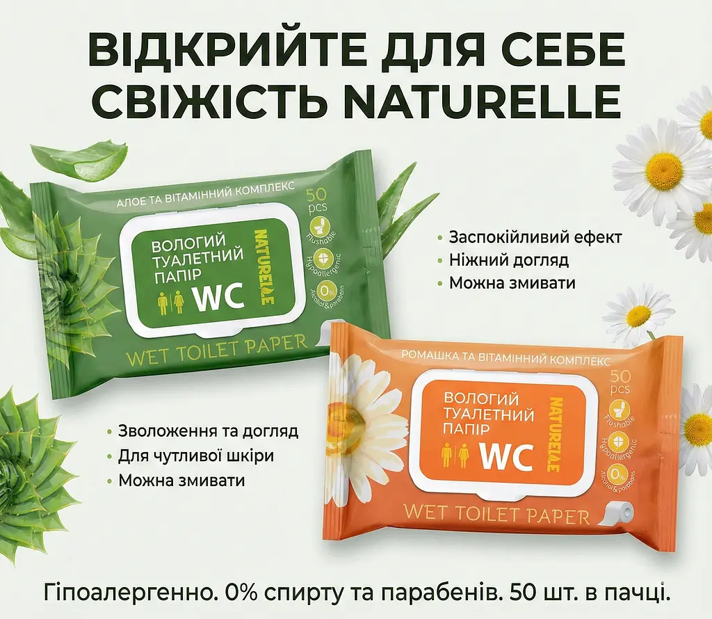 Вологий туалетний папір Naturelle Сhamomile 50 шт. Змивається в унітаз, з клапаном - фото 3