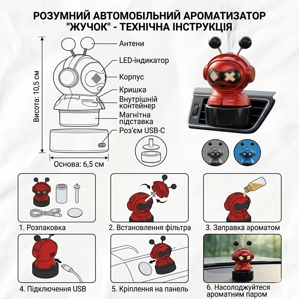 Ароматизатор автомобільний розумний Жучок Робот на панель LED анімація та ефектом пара Hilton 50 мл Червоний - фото 3