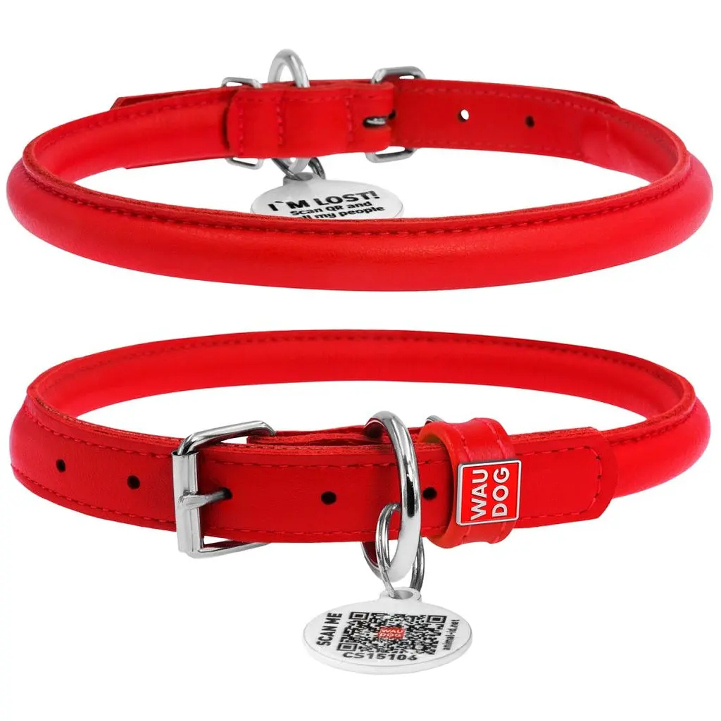 Нашийник для собак Waudog Glamour, круглий, шкіряний, з QR паспортом, L, 39-47х1 см, червоний - фото 2